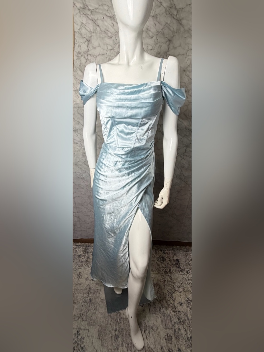 Cinderella Blue Corset Off Shoulder Lace Up Maxi Slit Dress 6 Satin Look Formal